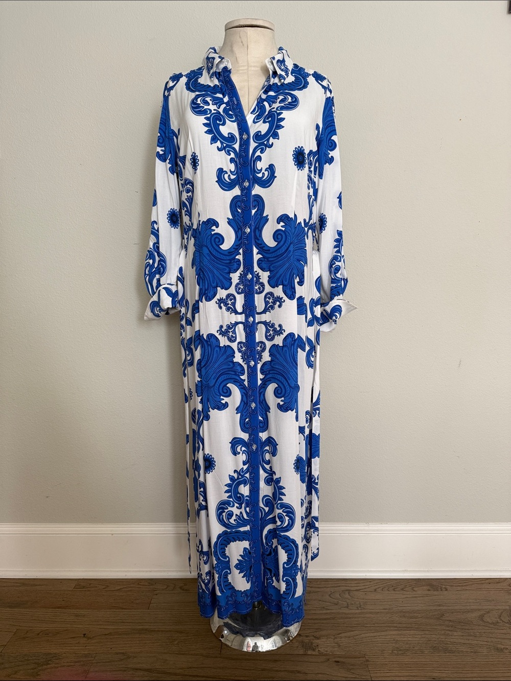 1. State Blue and White Baroque Print Long Sleeve Maxi Dress
